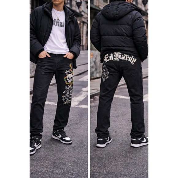 Ed Hardy Other - Ed Hardy Jeans Mens 38 Black Skull Snake Embroidered Y2K Tattoo Denim Street